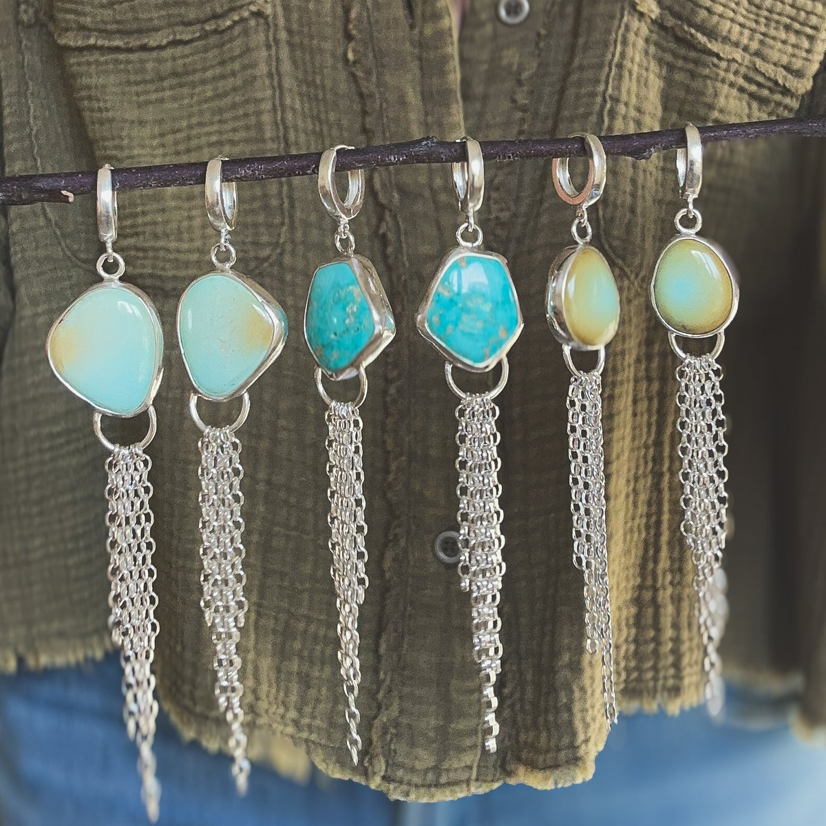 Lone Mountain Turquoise mist earrings styled, Nevada turquoise Natural Earth Collective Ohio