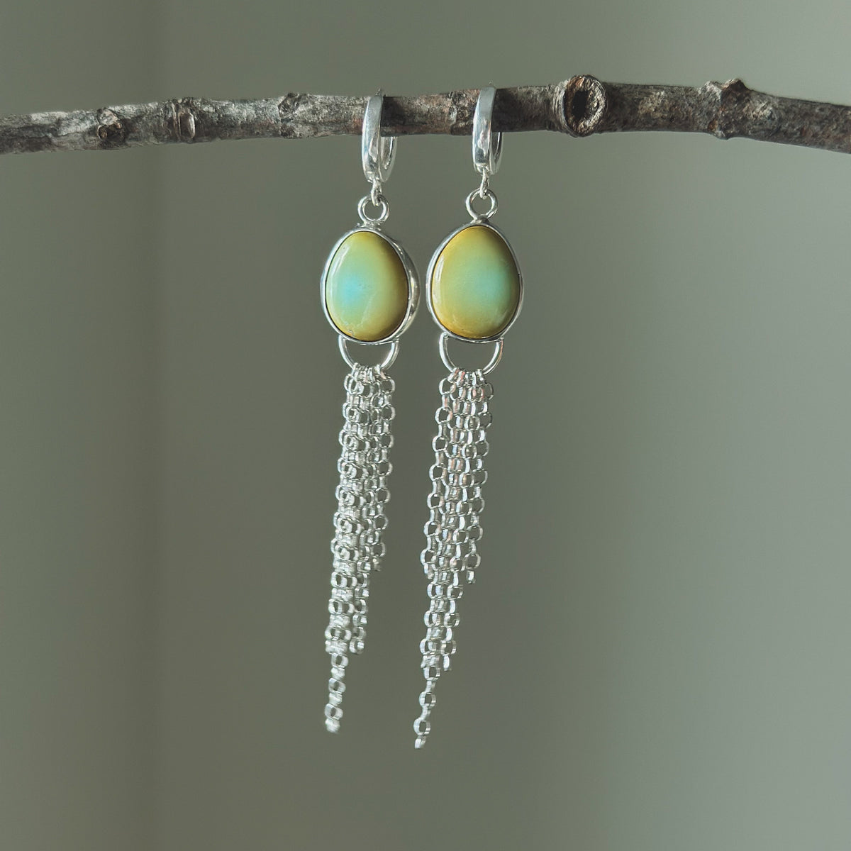 Lone Mountain Turquoise Mist earrings No.1, pale aqua with olive mist fine silver Natural Earth Collective Ohio