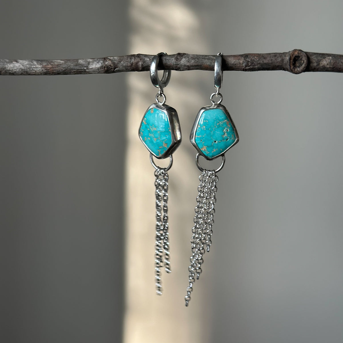 Lone Mountain Turquoise earrings No.3 on ear, one of a kind Natural Earth Collective Ohio