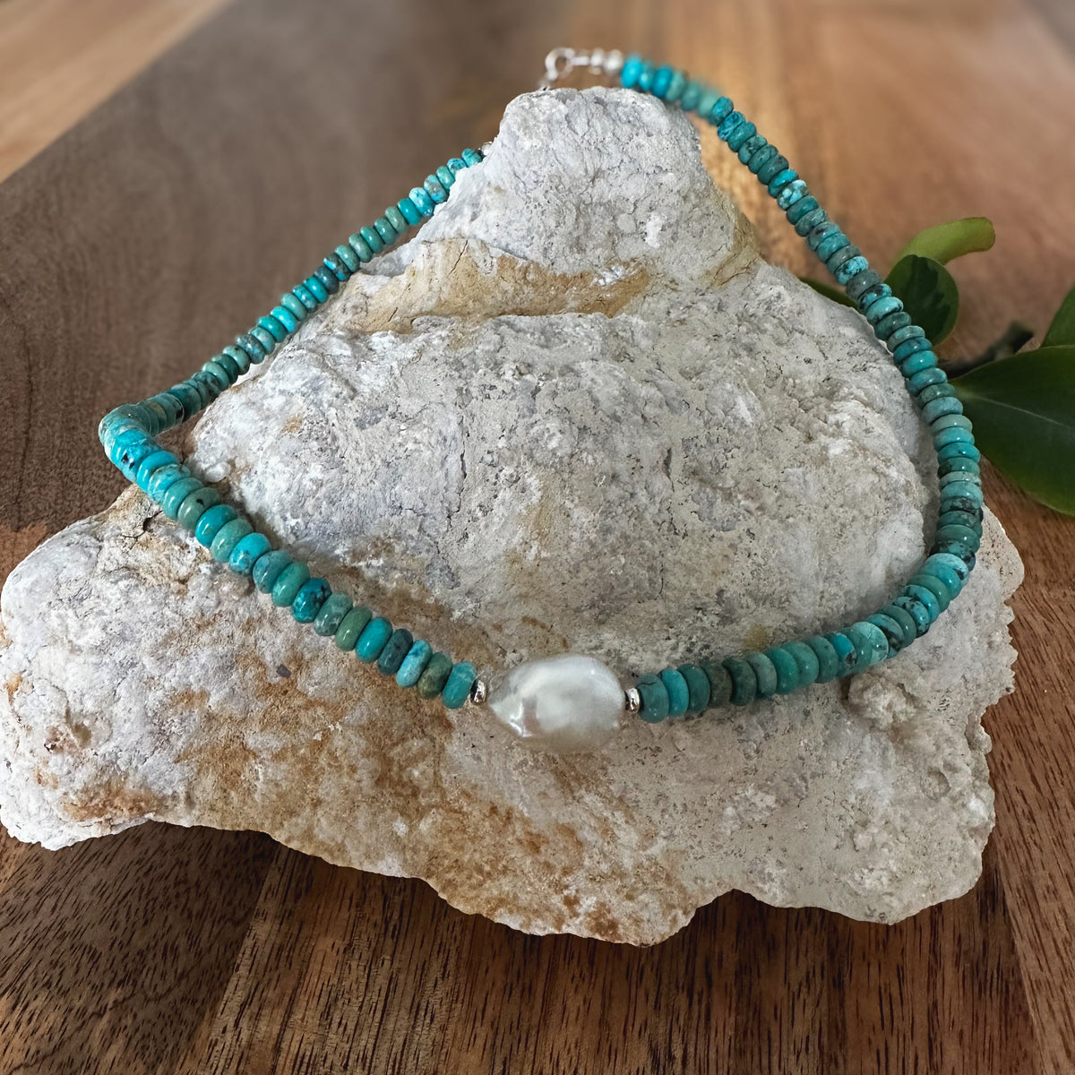 Sonoran Turquoise and pearl necklace, rondelle beads freshwater pearl sterling silver Natural Earth Collective Ohio