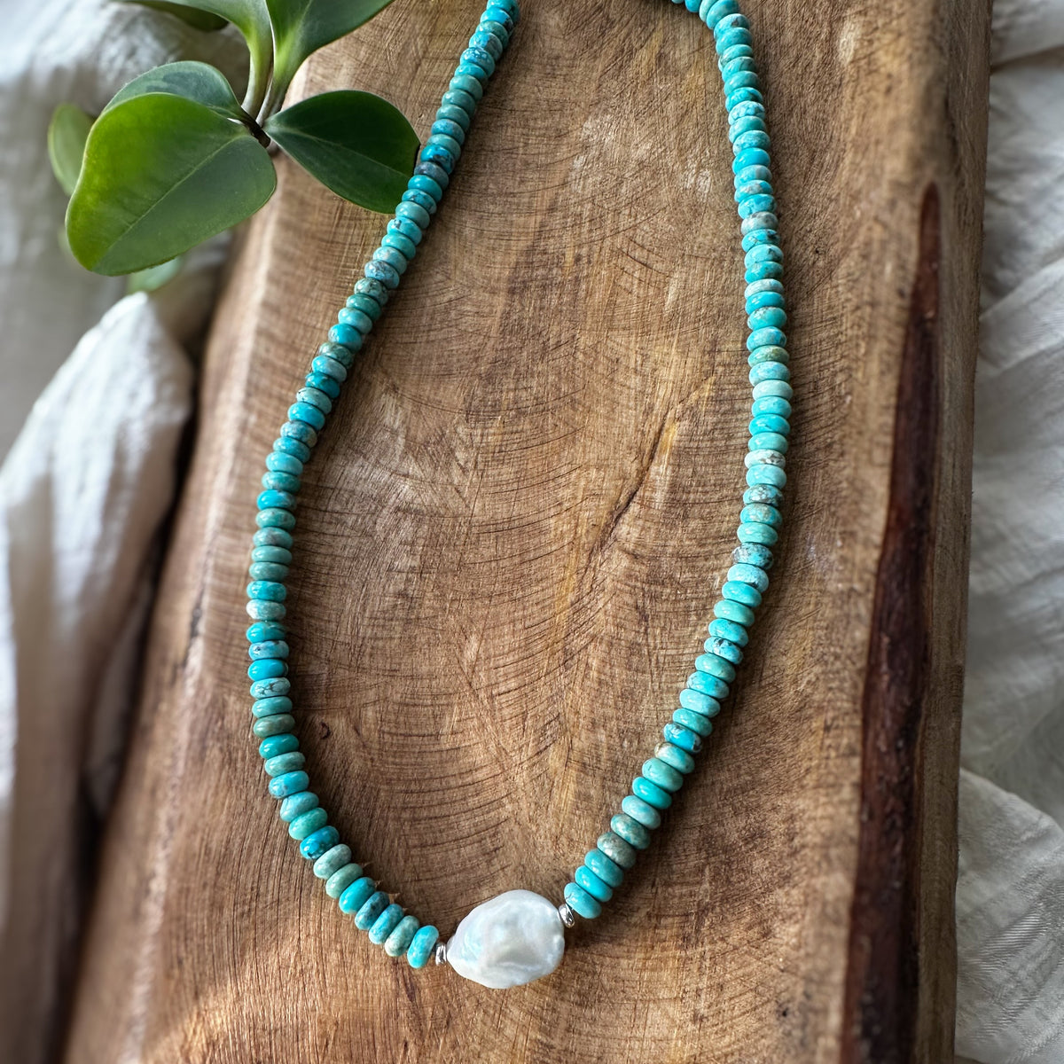 Sonoran Turquoise and pearl beaded necklace styled, Natural Earth Collective Ohio