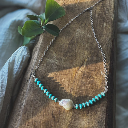 Sonoran turquoise pearl chain necklace close up, open airy chain style Natural Earth Collective Ohio
