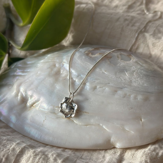 Organic token sterling silver necklace, molten silver poured into water organic shape Natural Earth Collective Ohio