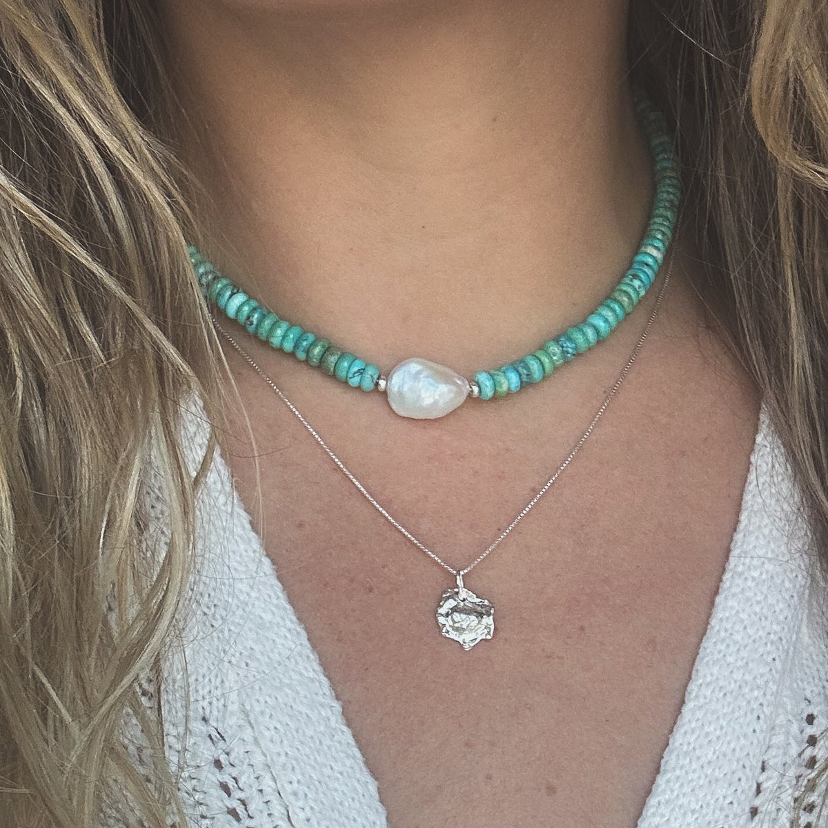 Sonoran Turquoise pearl necklace on neck, earthy ocean inspired Natural Earth Collective Ohio