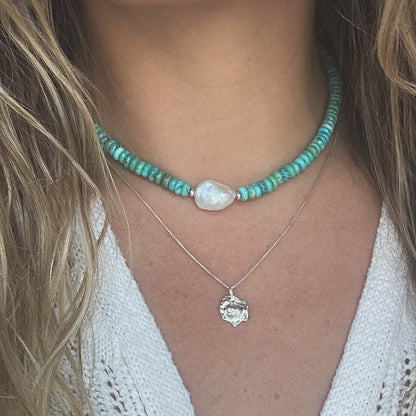 Sonoran Turquoise pearl necklace on neck, earthy ocean inspired Natural Earth Collective Ohio
