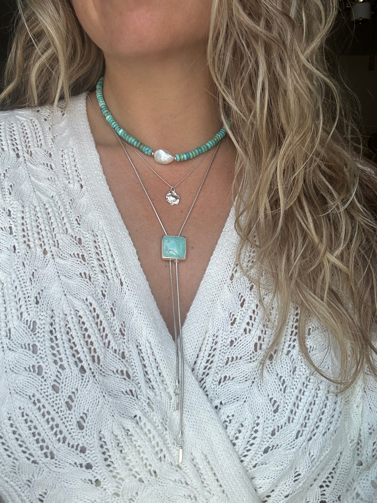 Turquoise pearl necklace detail, center freshwater baroque pearl Natural Earth Collective Ohio