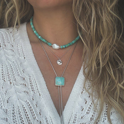 Sonoran Turquoise and pearl necklace close detail, sterling silver accents Natural Earth Collective Ohio