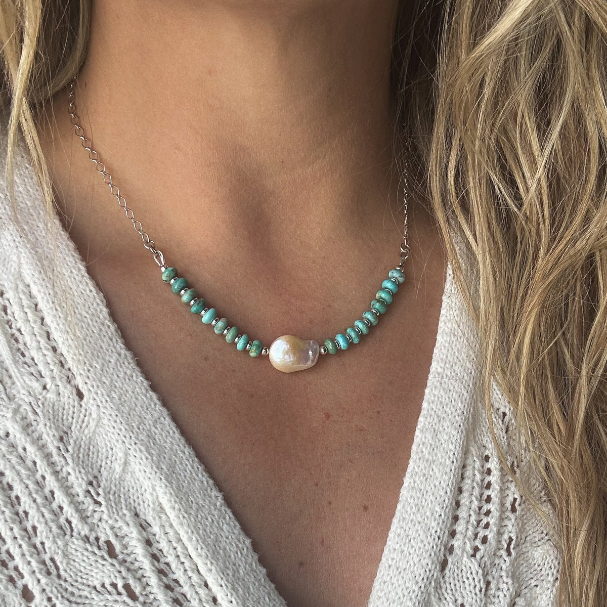 Sonoran Turquoise and pearl chain necklace, rondelle beads on sterling silver chain Natural Earth Collective Ohio