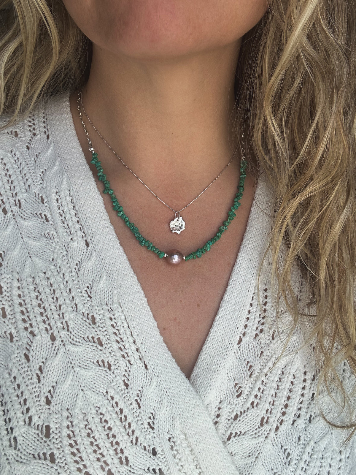 Emerald Valley turquoise and pearl necklace close up, unusual vibrant green turquoise Natural Earth Collective Ohio