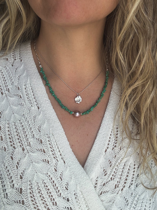 Emerald Valley turquoise and pearl necklace close up, unusual vibrant green turquoise Natural Earth Collective Ohio