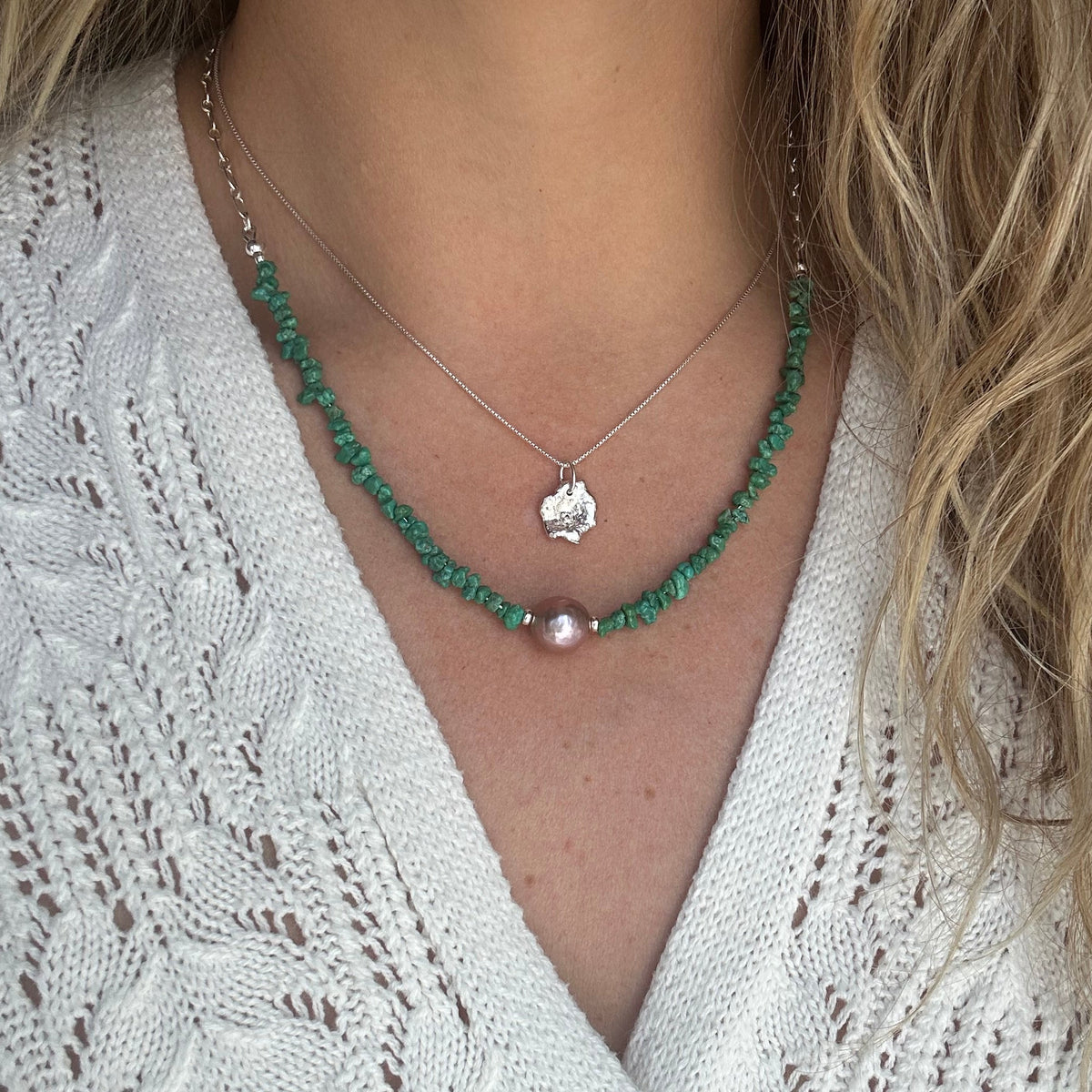 Organic token necklace close up, one of a kind recycled sterling silver shape Natural Earth Collective Ohio