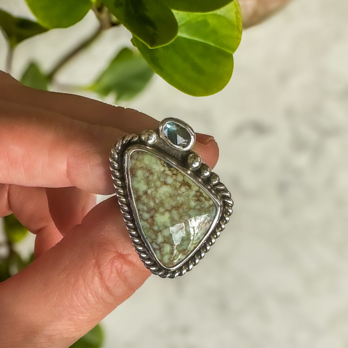 Agua Oro Variscite and Madagascar Sapphire ring size 7, golden water Nevada variscite sterling silver Natural Earth Collective Ohio