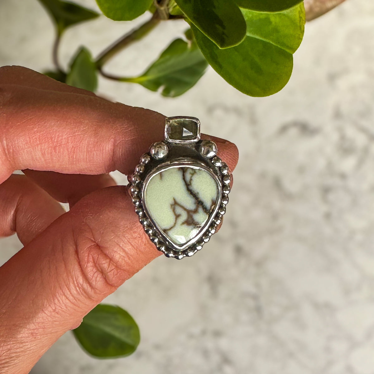 Teardrop Aloe Variscite and Oregon Sunstone ring size 6, sterling silver handcrafted Natural Earth Collective Ohio