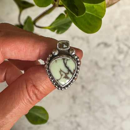 Teardrop Aloe Variscite and Oregon Sunstone ring size 6, sterling silver handcrafted Natural Earth Collective Ohio