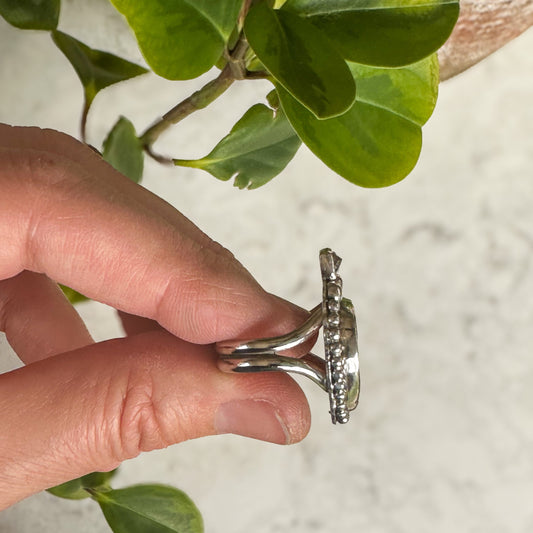 Aloe Variscite Oregon Sunstone ring close up, natural stones fine silver Natural Earth Collective Ohio