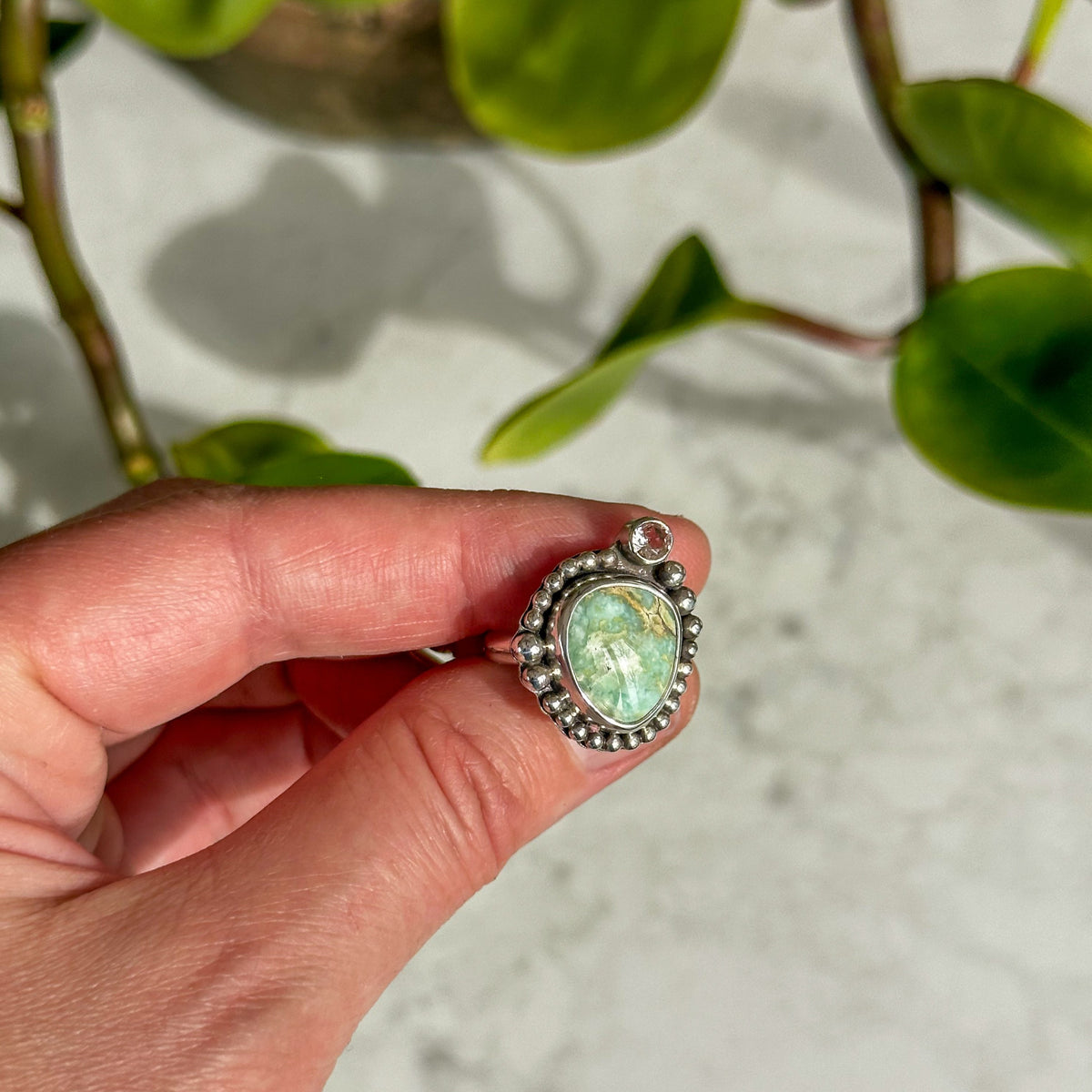 Damale and Morganite ring on hand, one of a kind artisan jewelry Natural Earth Collective Ohio