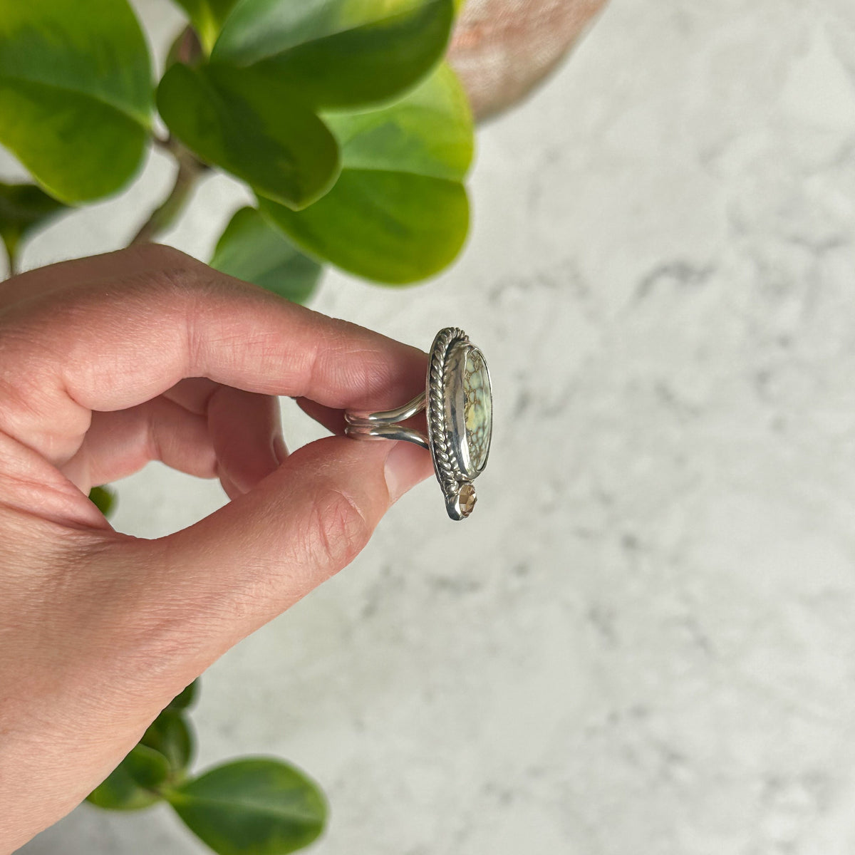 Agua Oro Variscite ring detail, golden water Nevada variscite sterling silver Natural Earth Collective Ohio