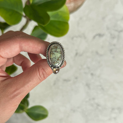 Agua Oro Variscite and zircon ring on hand, one of a kind artisan jewelry Natural Earth Collective Ohio