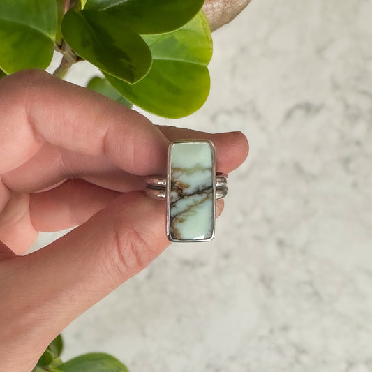 Rectangle Aloe Variscite ring size 10, fine silver bezel sterling silver double band Natural Earth Collective Ohio