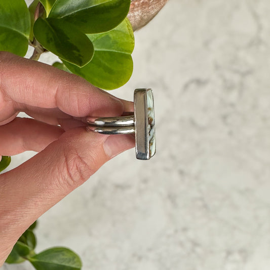 Rectangle Aloe Variscite ring close up, watery blue-green natural stone Natural Earth Collective Ohio
