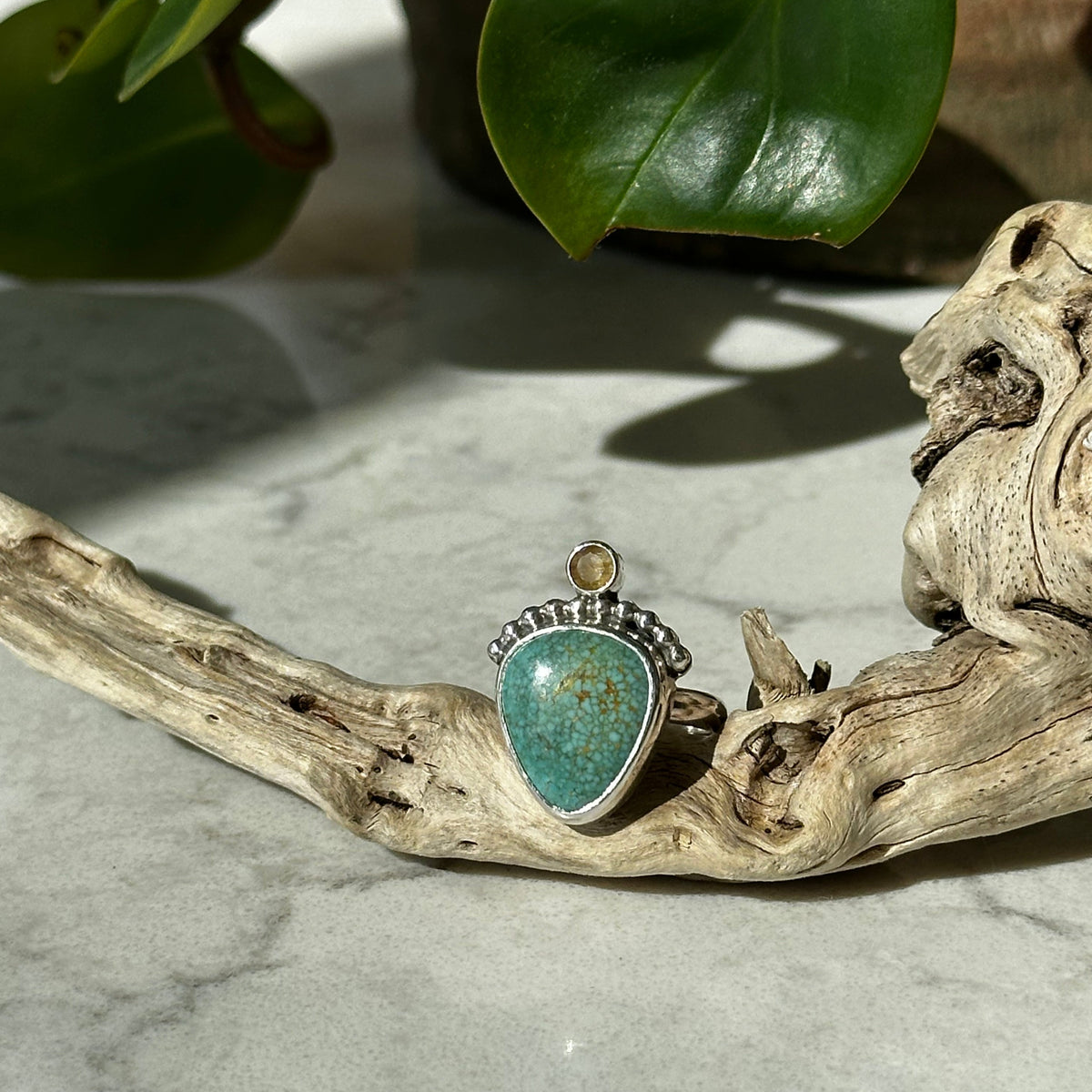 Turquoise rutile quartz ring detail, one of a kind artisan jewelry Natural Earth Collective Ohio