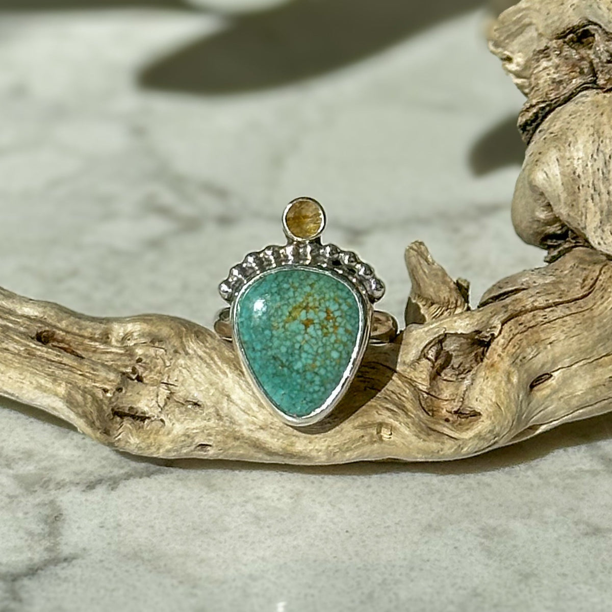 Turquoise teardrop and golden rutile quartz ring size 7, sterling silver Natural Earth Collective Ohio