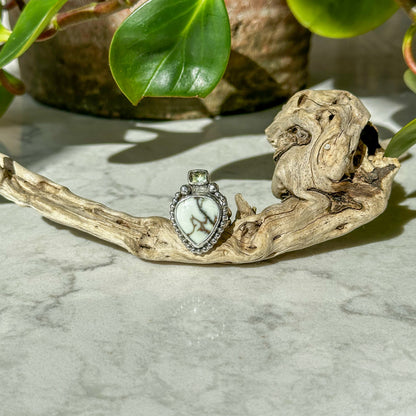 Aloe Variscite and Oregon Sunstone ring on hand, one of a kind artisan jewelry Natural Earth Collective Ohio