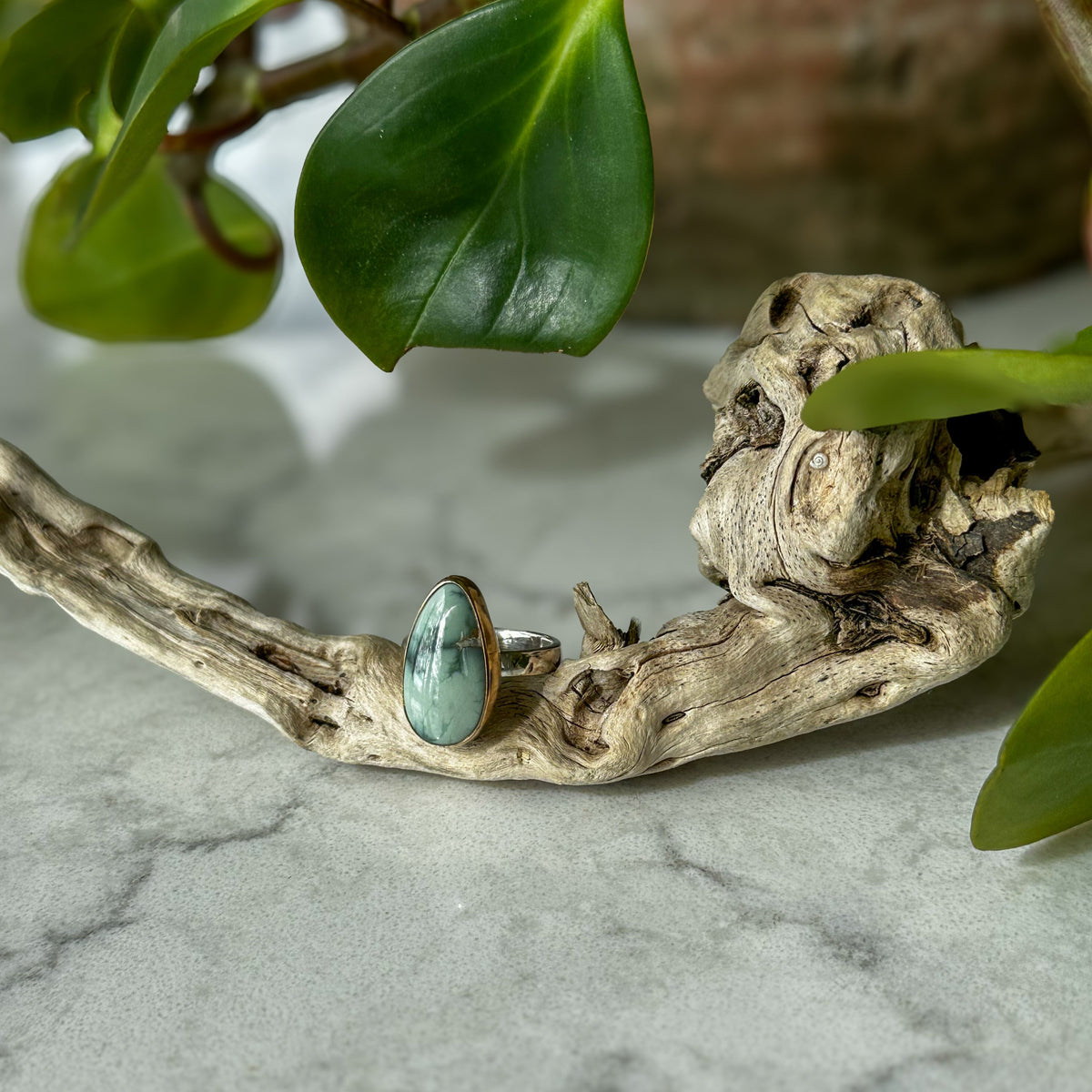 Colina Verde variscite ring No.2 close up, bright mint green Nevada variscite Natural Earth Collective Ohio