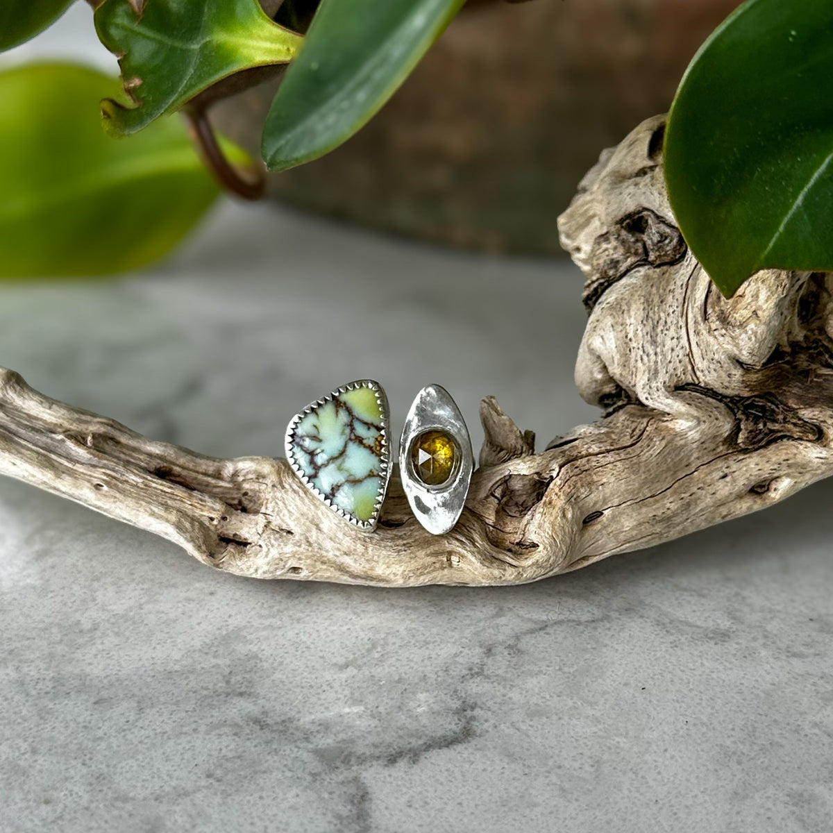 Aloe Variscite and golden sphene ring size 5, pale blue-green sterling silver Natural Earth Collective Ohio