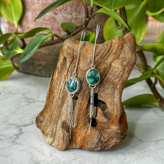 Blackbridge Variscite drop fringe earrings, teal black natural variscite sterling silver Natural Earth Collective Ohio