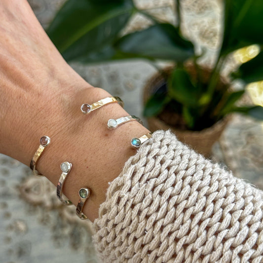 Natural stone dainty cuff bracelet close up, artisan sterling silver Natural Earth Collective Ohio