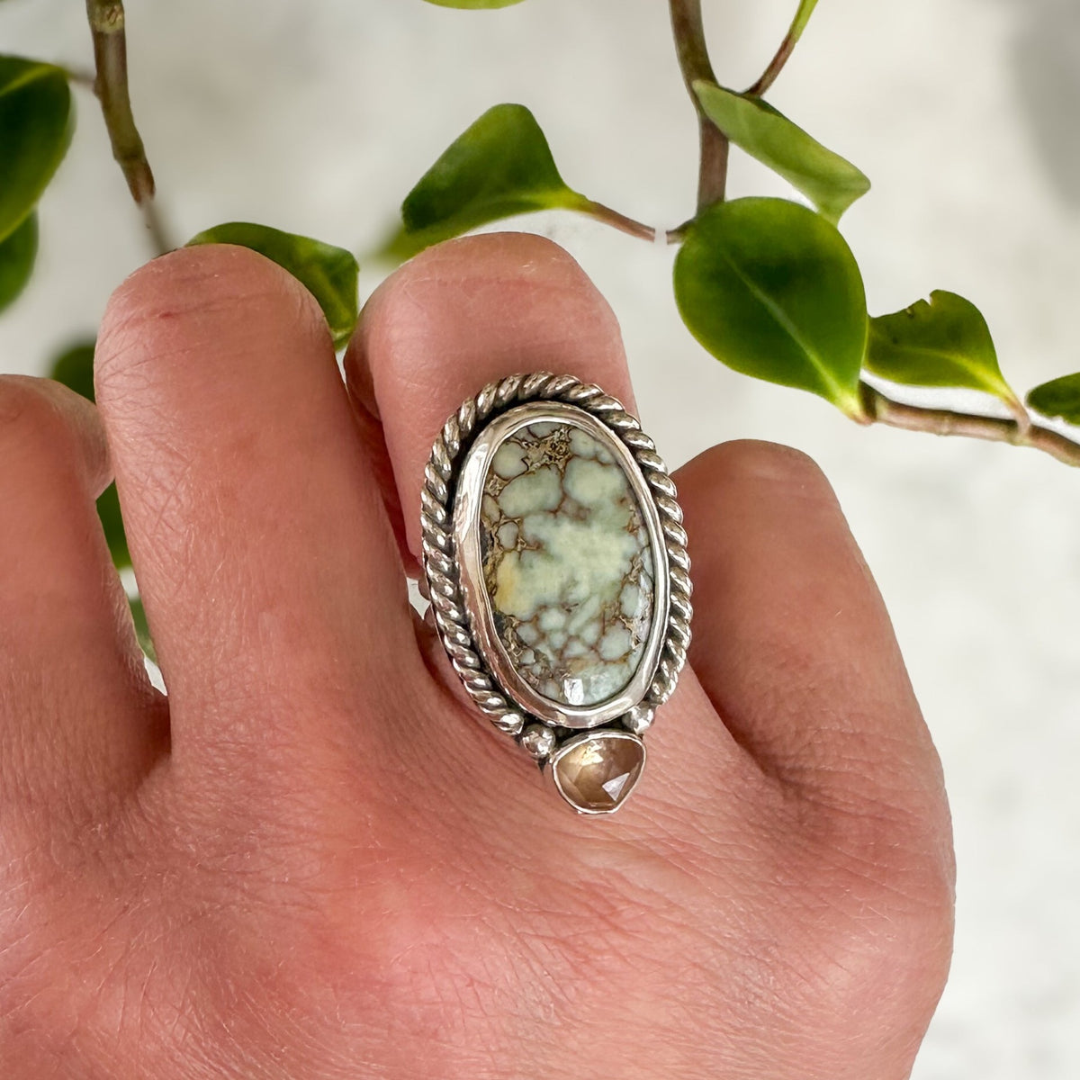 Agua Oro Variscite and champagne zircon ring size 7.5, sterling silver Natural Earth Collective Ohio