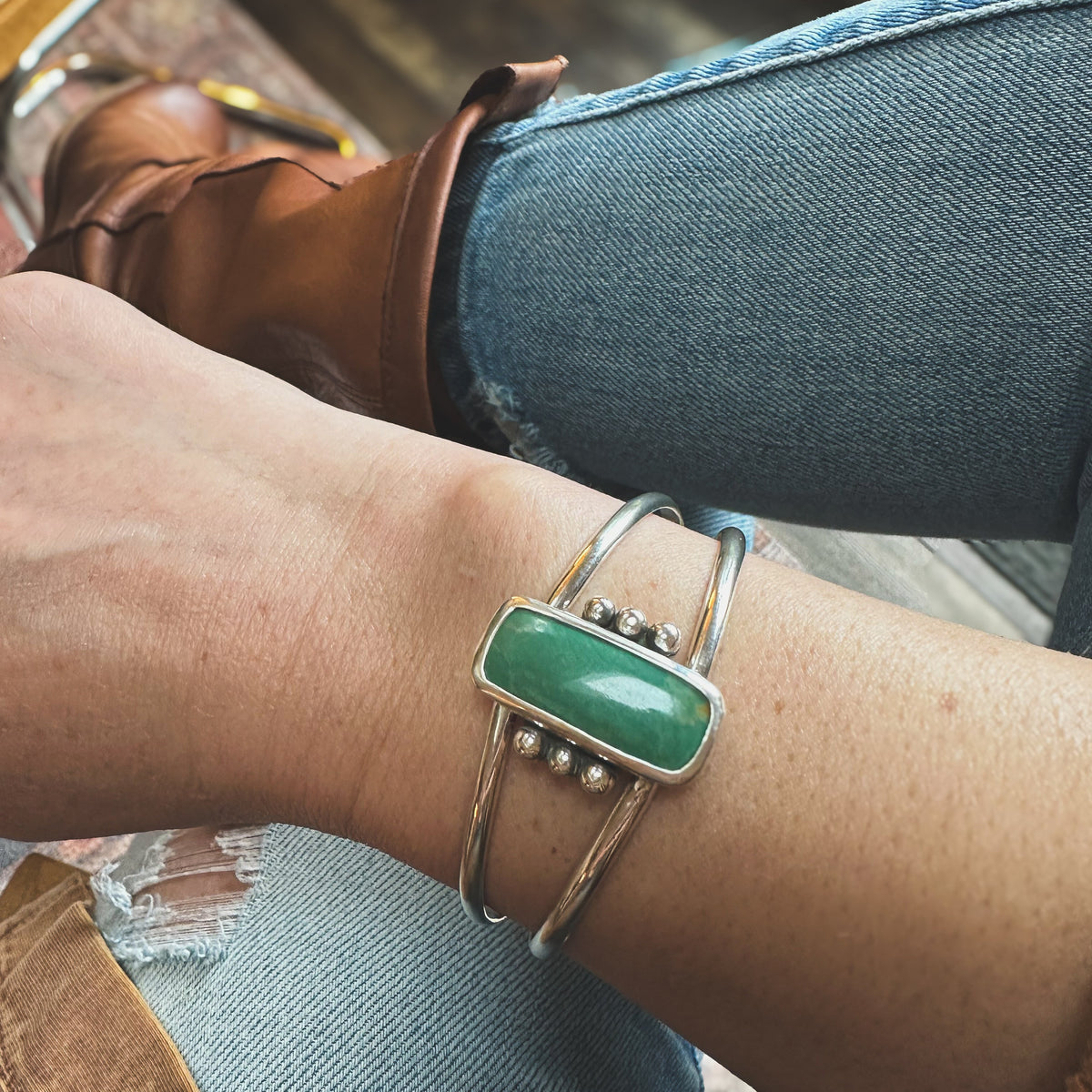 Green River cuff bracelet close up, smooth rectangular green stone Natural Earth Collective Ohio