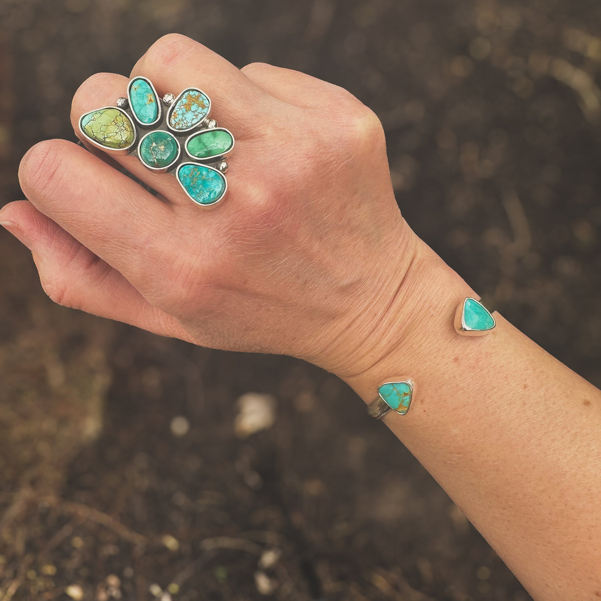 Twin Mesa cuff bracelet detail, Royston Turquoise triangular stones sterling silver Natural Earth Collective Ohio