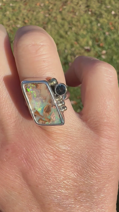 Australian Boulder Opal + London Blue Topaz Ring (Size 8)