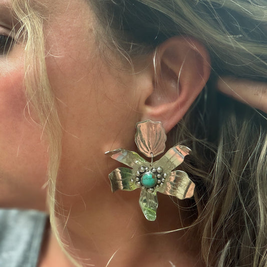 Close up sterling silver handcrafted flower statement  earrings set with # * mine turquoise - natural Earth collective jewelry Ohio